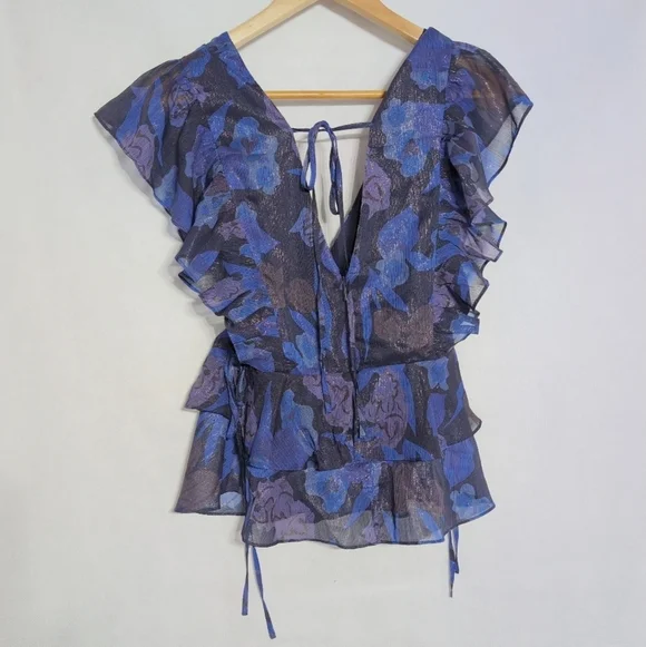 Ted Baker London Sz 2 Rowyn Blue Floral Ruffle Blouse - Picture 4 of 7